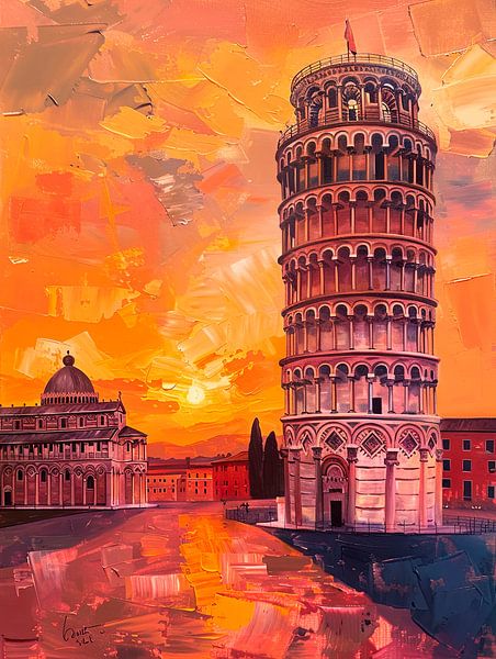 Schiefer Turm im Abendlicht von Poster Art Shop