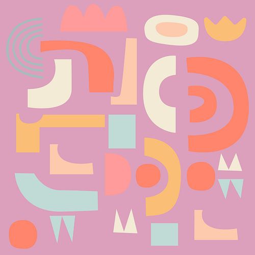 Vrolijke vormen. Retro collage in lila, oranje, geel en mint