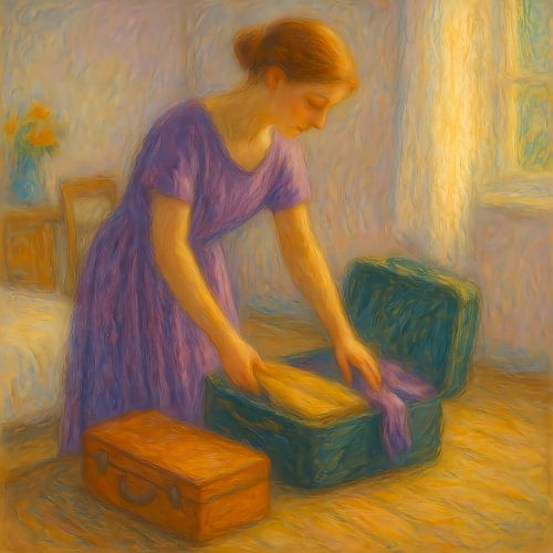 Vóór de Reis. Vrouw pakt koffer. Een stil moment van voorbereiding en loslaten