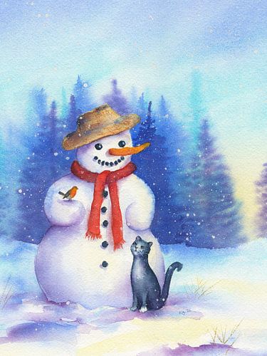 Snowman with cat by Karen Kaspar