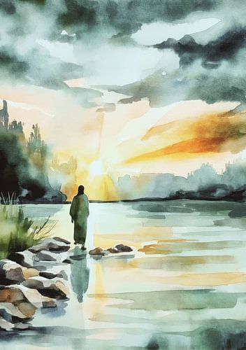 Jezus bij zonsondergang - aquarel