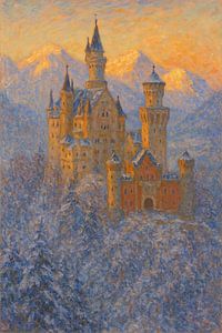 Schloss Neuschwanstein im Winter bei Sonnenuntergang – Märchenhafte Festung Impressionistische Kunst