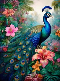 Elegant und romantisch: Ein farbenprächtiger Pfau in einem botanischen Garten von Studio Pieternel