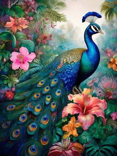 Elegant and romantic: A colourful peacock in a botanical garden