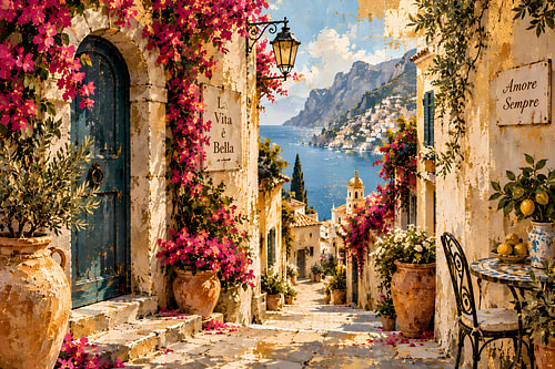 Mediterraans steegje met uitzicht op zee | Bougainvillea, citroen &, Dolce Vita | Poster in liggend formaat