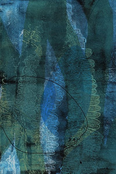 Modern botanical art. Fern leaves and abstract shapes in dark blue, green and black by Dina Dankers
