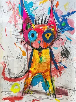 Zeichnung einer abstrakten, bunten Katze mit großen, ausdrucksstarken Augen