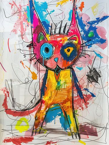 Drawing of an abstract, colourful cat with large, expressive eyes