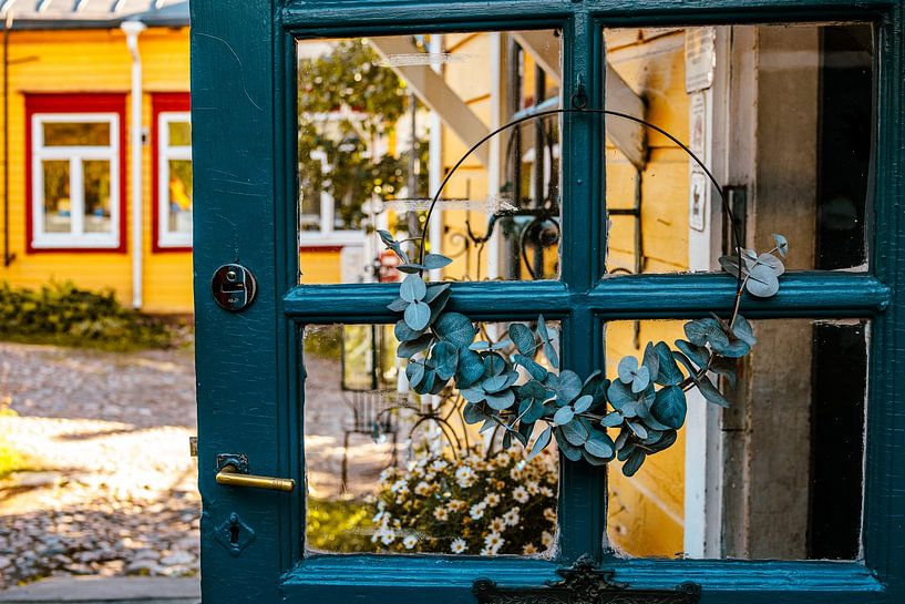 Teal Door with Wreath – Yellow Wooden House &amp; Cobblestones by Brave Toaster Photos