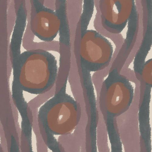 Japandi. Organische vormen in warm bruin, groenblauw en wit.