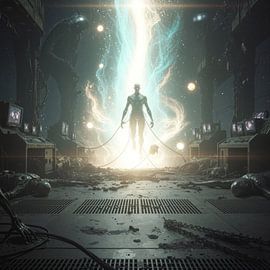 Schwebende humanoide Figur in einem industriellen Innenraum mit Trümmern
