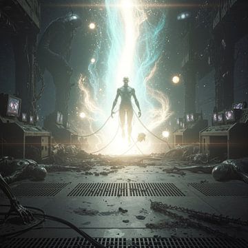 Figure humanoïde en lévitation dans un intérieur industriel avec des débris sur Markus Gann