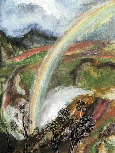 After the rain: Waterfall with rainbow in Iceland