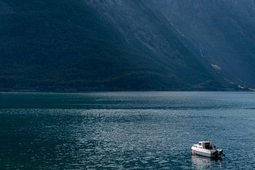 Bateau blanc entre les fjords norvégiens