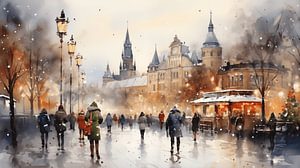 Aquarell-Einkauf auf dem Weihnachtsmarkt mit Lichtern und Bokeh-Malerei in der Stadt Winter Kunst Design