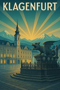 Klagenfurt Art Deco Poster - Drachenbrunnen und Alpen