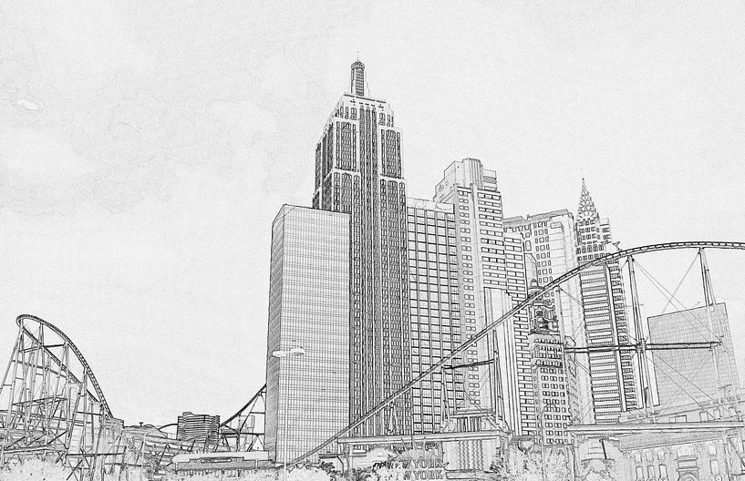 New York in Las Vegas, Schwarz-Weiß-Zeichnung von Rietje Bulthuis