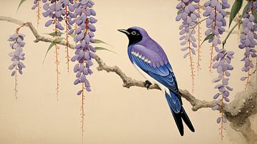 Zwaluw en blauwe regen in japandi stijl