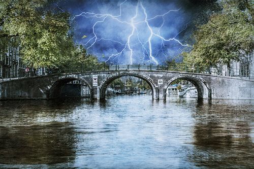 Lightning above a canal in Amsterdam (digital photo manipulation)