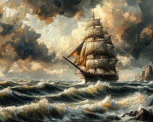 Grand voilier dans la tempête en peinture à l'huile