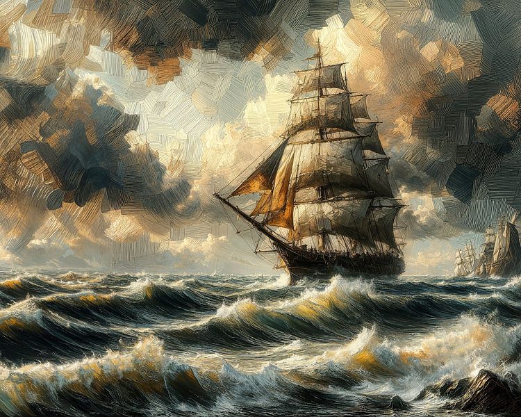 Large sailing ship in storm in oil painting by Dutch Art Works on