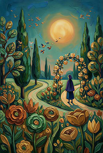 Impasto Golden Rose Garden with Cypress Trees and Ethereal Sunset