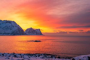 Winter sunset at the Norwegian Sea at Senja in Northern Norway