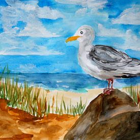 Mouette de mer sur la plage sur Sebastian Grafmann