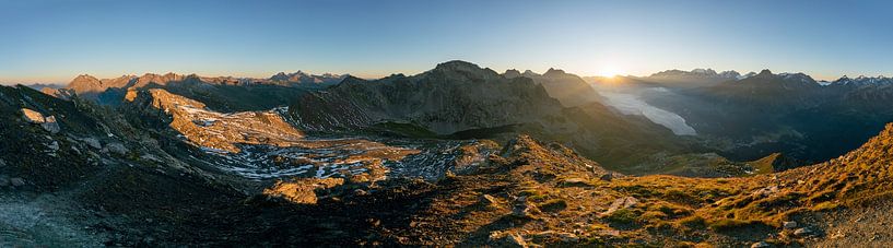 Panorama from Piz Lunghin on Silsersee and its surrounding mountain scenery at sunrise by Leo Schindzielorz