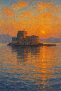 Sonnenuntergang über der Burg Bourtzi in Nafplio – Impressionistische Kunst: Meereslandschaft auf dem Peloponnes