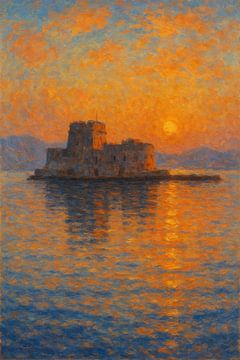 Nafplio Bourtzi Castle Sunset – Peloponnese Seascape Impressionist Art by Travel Shop