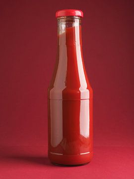 Fles lekkere biologische ketchup op rood van Andreas Berheide Photography