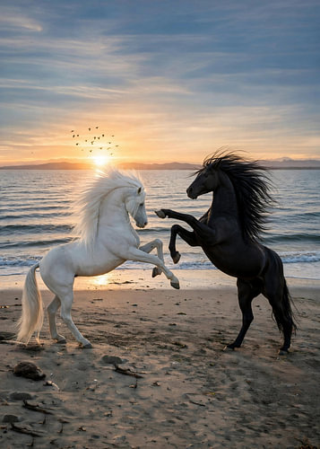 De majestueux étalons noirs et blancs se cabrant sur la plage