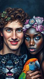 Paar mit Panther und Papagei