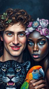 Paar mit Panther und Papagei