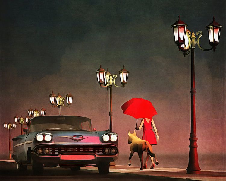 Retro – Klassiek Het meisje in het rood en een oldtimer Chevrolet Belair van Jan Keteleer