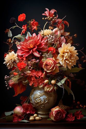 Boeket Gouden Eeuw Herfst Rood dahlia en roos