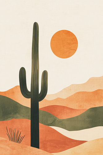 Cactuslandschap met oranjekleurige zon