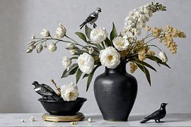 Vase noir élégant - Art floral stylé avec oiseaux décoratifs sur Kleurenrijk