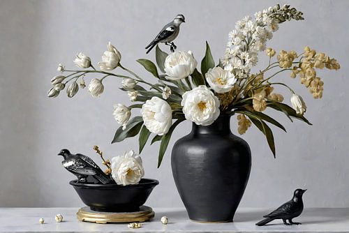 Elegante Zwarte Vaas – Stijlvolle Bloemkunst met Decoratieve Vogels