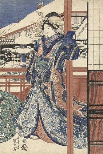 Vrouw in wintertuin, Utagawa Kunisada (I), 1830 - 1840. Japanse kunst ukiyo-e.