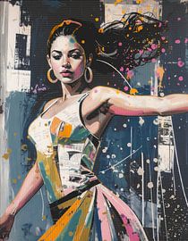 Danseuse dans un style mixte - œuvre d'art riche en contrastes dans des tons bleu foncé, rose, beige et ocre sur Emiel de Lange