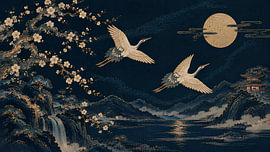 Golden Cranes Flying Beneath a Full Moon Over a Japanese Waterfall by my pixel art