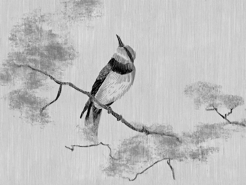 Elegant Japanese bird on branch in Sumi-e Style - Warm shades of grey by Studio Pieternel
