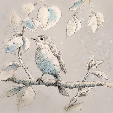 Beige en blauw - tekening vogeltje op een tak van Emiel de Lange