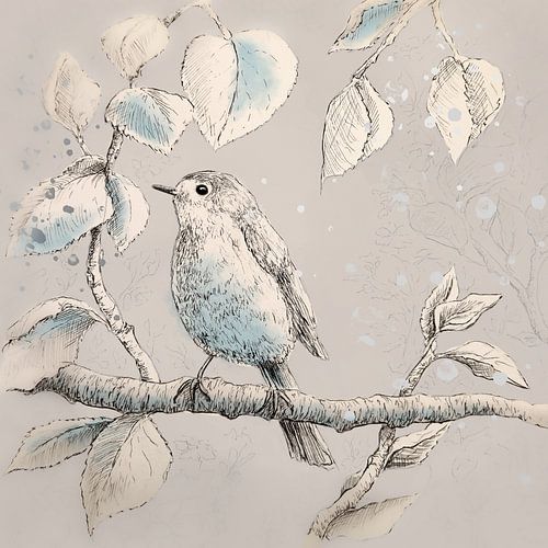 Beige en blauw - tekening vogeltje op een tak