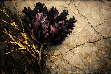 Dramatic Dark Tulip Impasto Oil Painting — Elegant Gold Leaf Luxury Wall Art by coretan tangan