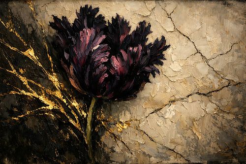 Dramatic Dark Tulip Impasto Oil Painting — Elegant Gold Leaf Luxury Wall Art