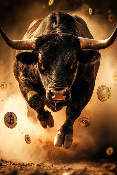 Bull jump with Bitcoin coins by Poster Art Shop