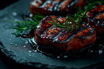 Grilled steak arrangement on a stone plate by Poster Art Shop